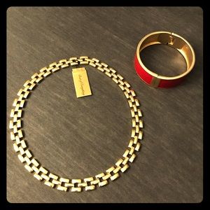 Red & gold bangle and gold link necklace